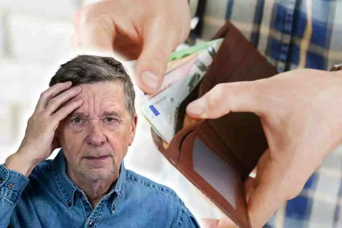 Fotomuntatge amb una imatge de fons d'una mà amb una cartera i al capdavant un jubilat preocupat