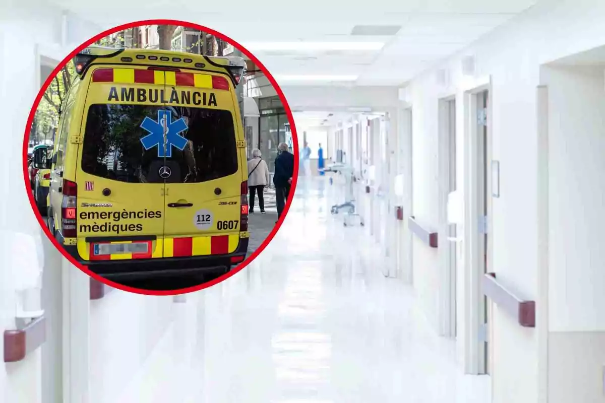Fotomuntatge amb una imatge de fons del passadís d'un hospital i davant una rodona vermella amb una imatge d'una ambulància del SEM