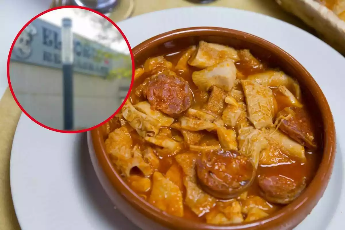 Fotomuntatge amb una imatge de fons d'un plat de tripa i al capdavant una rodona vermella amb la imatge del restaurant El Gordo 2 de Tarragona difuminada