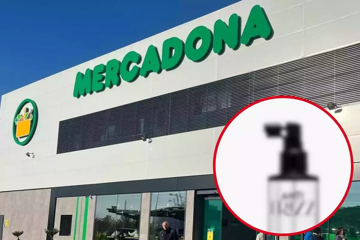 Fotomuntatge amb l'exterior d'un supermercat Mercadona i al capdavant una rodona vermella amb el producte Anti Frizz