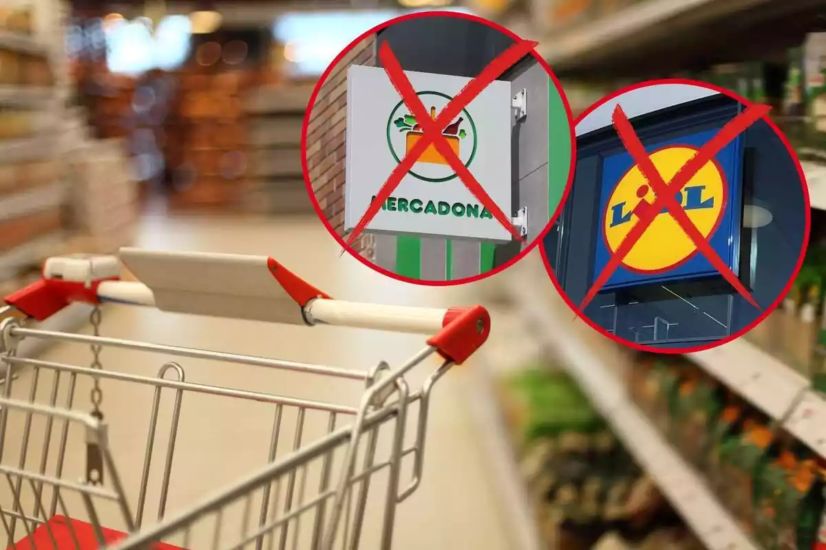 Photomontage with an image of a supermarket and a cart in the background and in front two red rounds with the Lidl and Mercadona logos crossed out