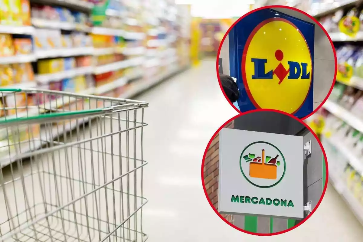 Fotomuntatge amb una imatge de fons d'un carretó i el passadís d'un supermercat i dues rodones vermelles amb els logos dels supermercats Lidl i Mercadona