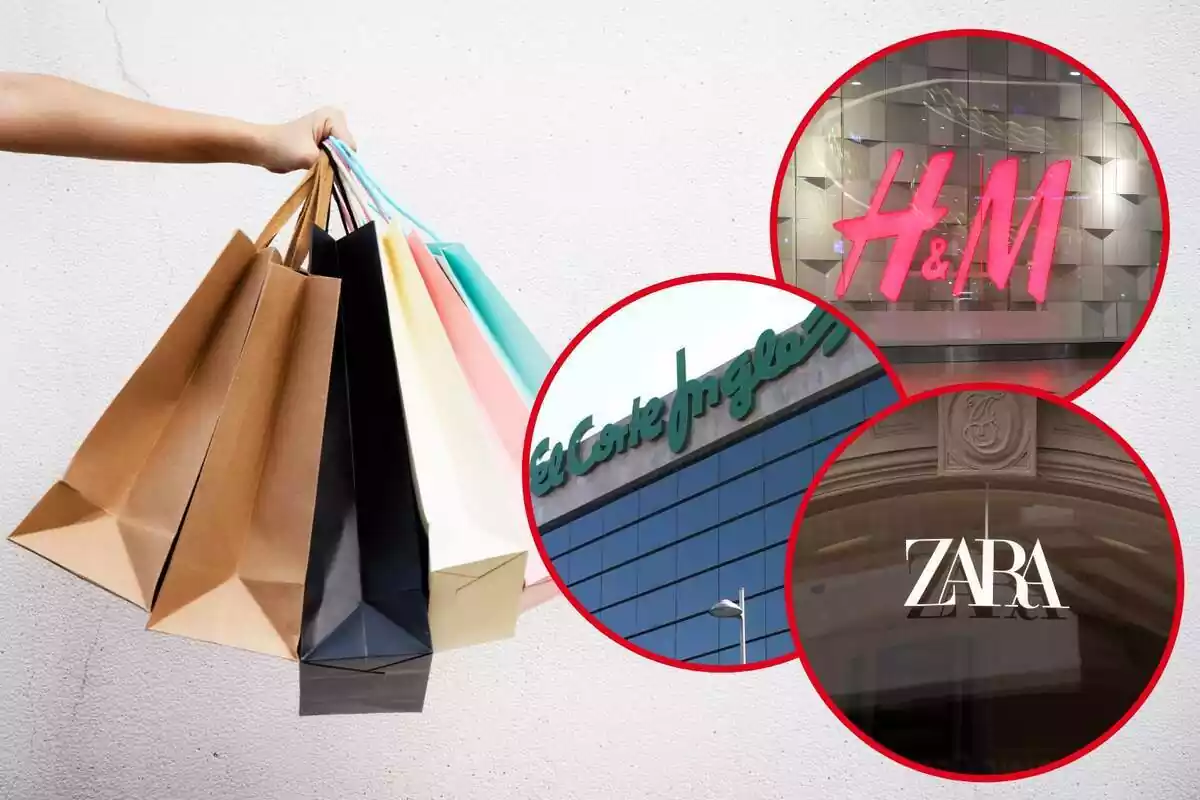 Fotomuntatge amb una imatge de fons d'una mà subjectant unes bosses de compra i al capdavant tres rodones vermelles amb els logos d'H&M, Zara i El Corte Inglés