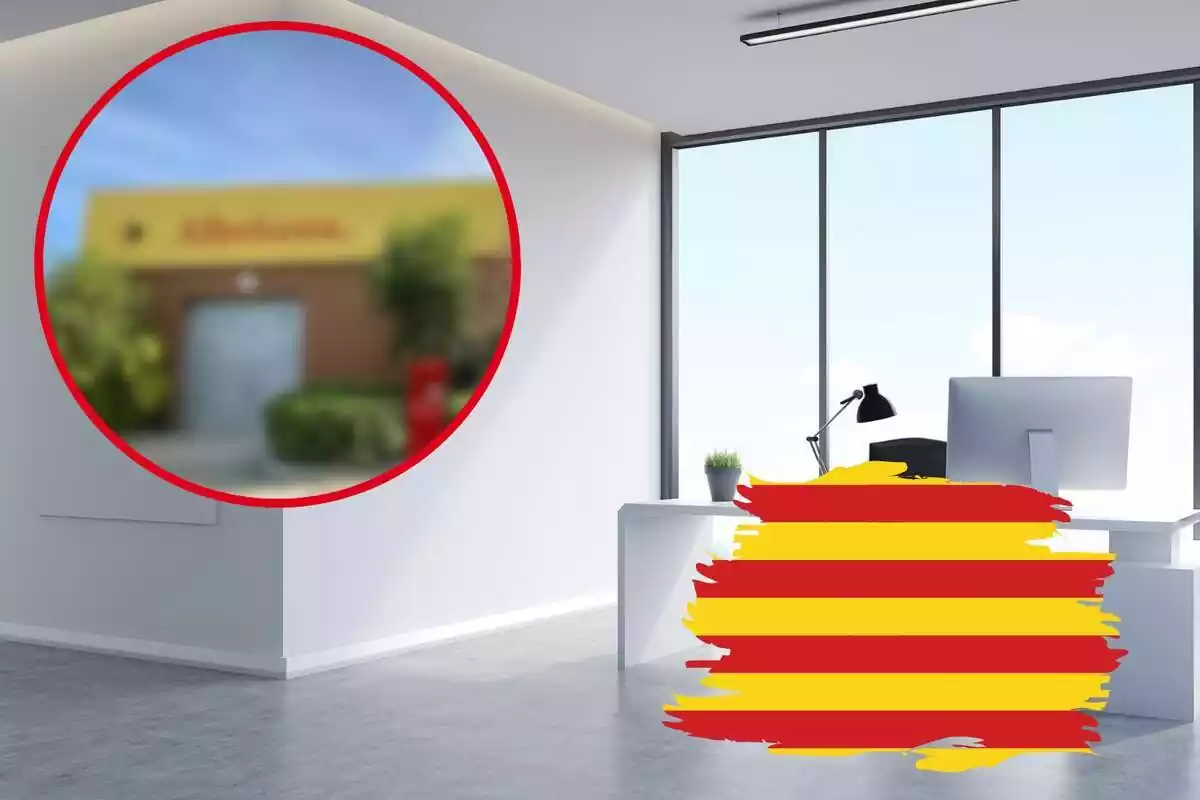 Fotomuntatge amb una imatge de fons d'unes oficines, amb una bandera catalana i una rodona vermella amb la imatge difuminada de la seu d'Albiñana Films de Barcelona