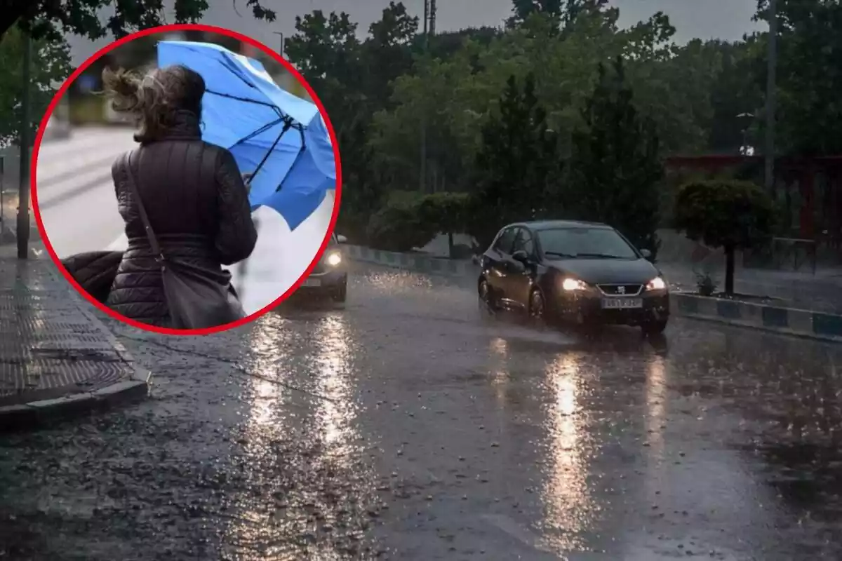 Fotomuntatge amb una imatge de fons d'uns cotxes circulant per una carretera inundada i al capdavant en una rodona vermella una dona amb un paraigua amb problemes pel vent