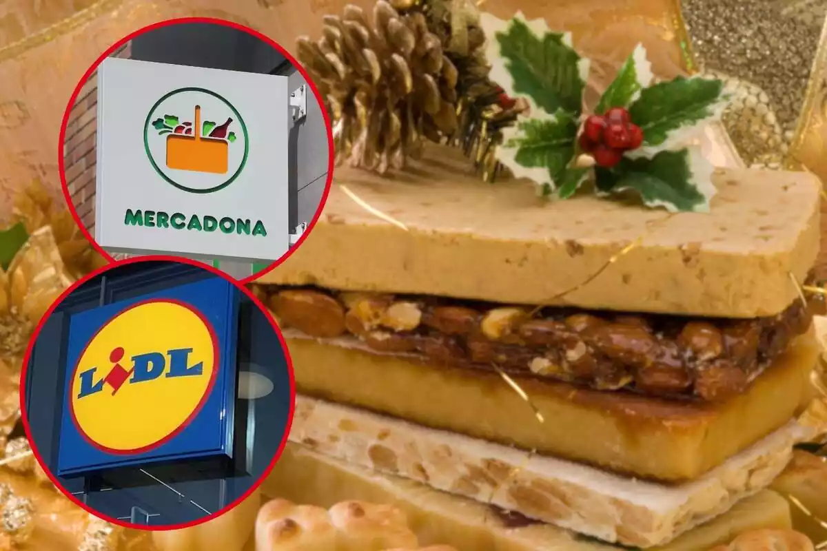 Fotomuntatge amb una imatge de diferents varietats de torrons apilades amb adorns nadalencs damunt de fons i al capdavant dues rodones vermelles amb els logos de Mercadona i Lidl