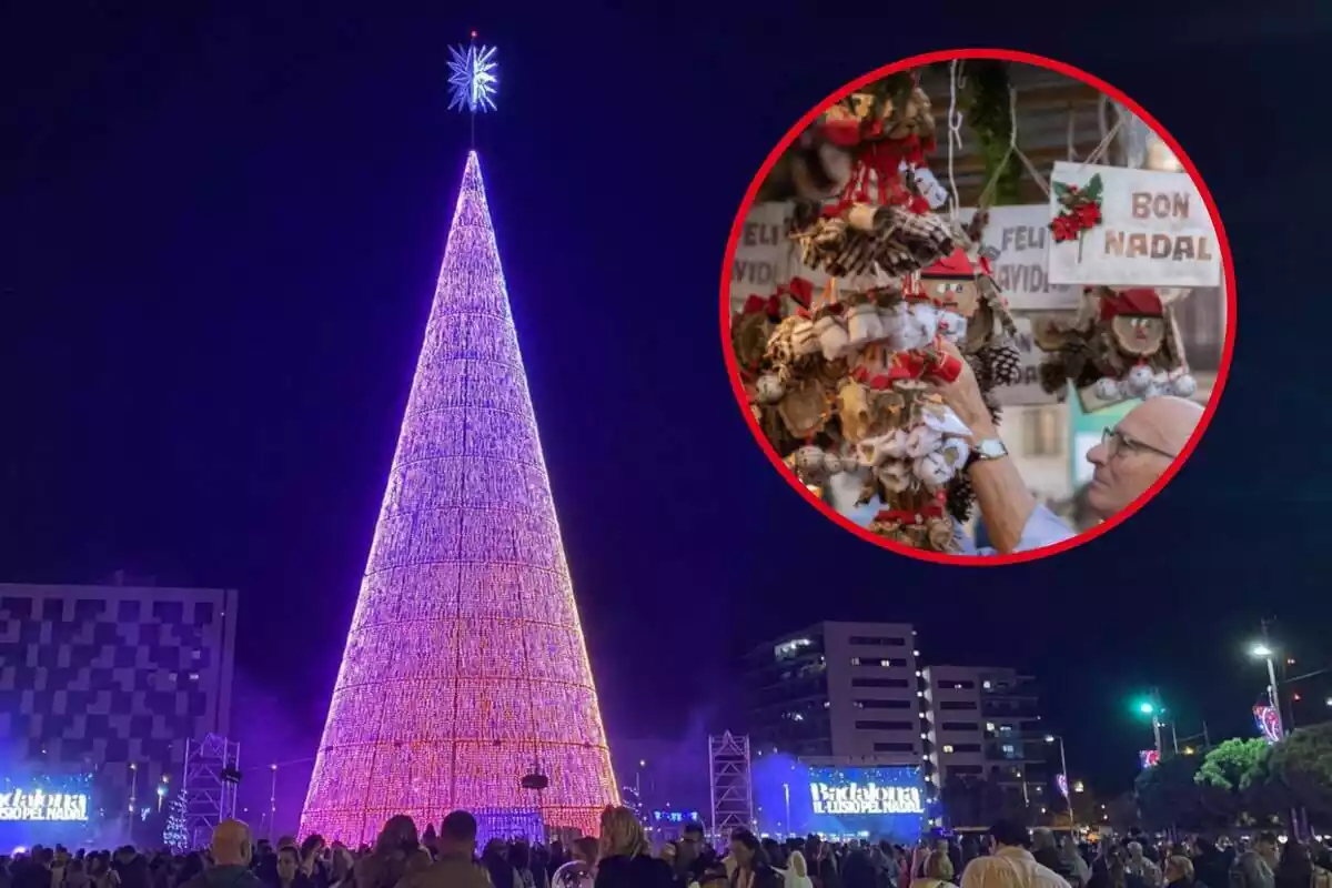 Fotomuntatge amb l'arbre de Nadal de Badalona de fons i al capdavant una imatge d'un mercat de Nadal de Barcelona