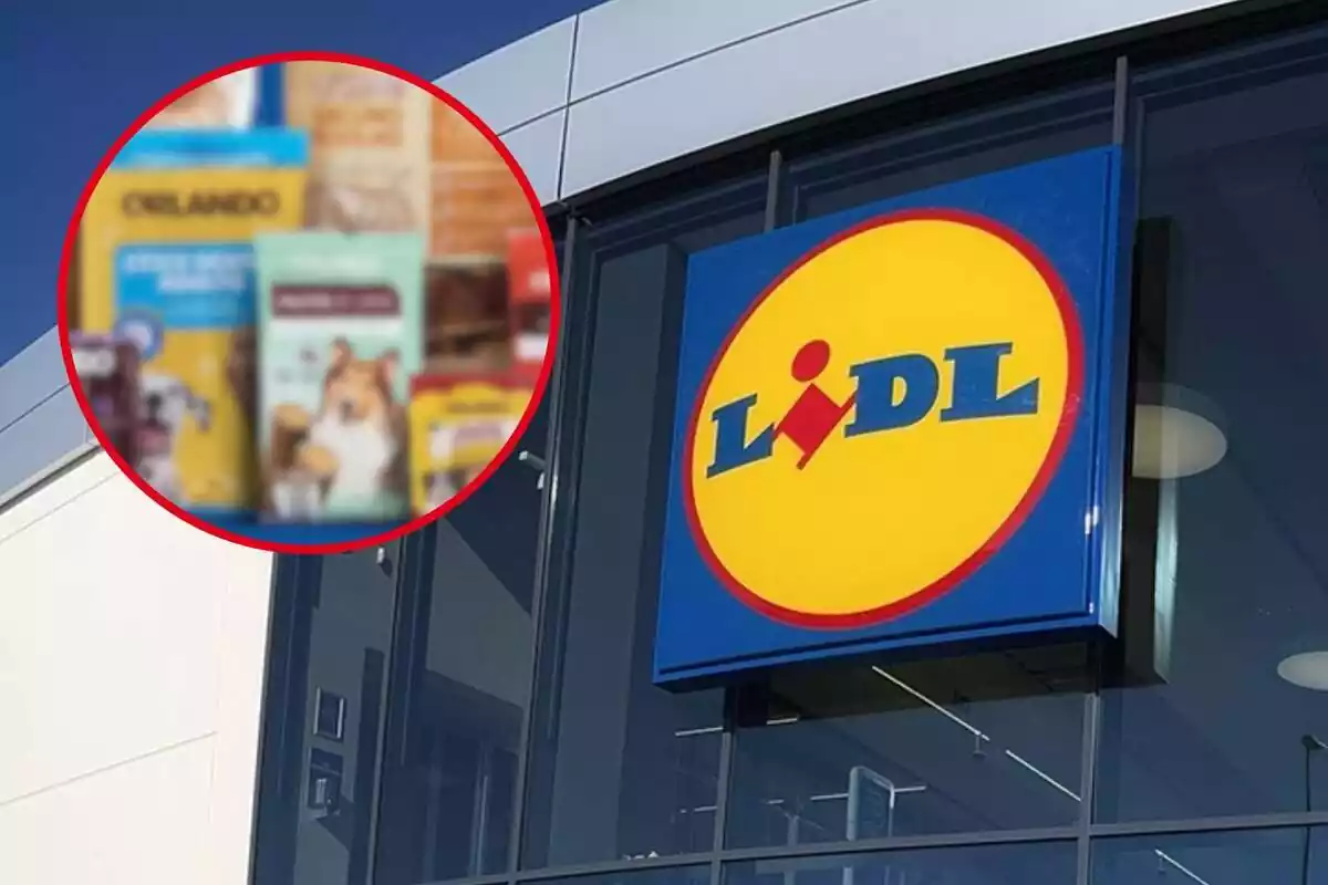Fotomuntatge amb una imatge de fons de l'exterior d'un supermercat Lidl i al capdavant una rodona vermella amb els productes per a gossos del sorteig de Lidl