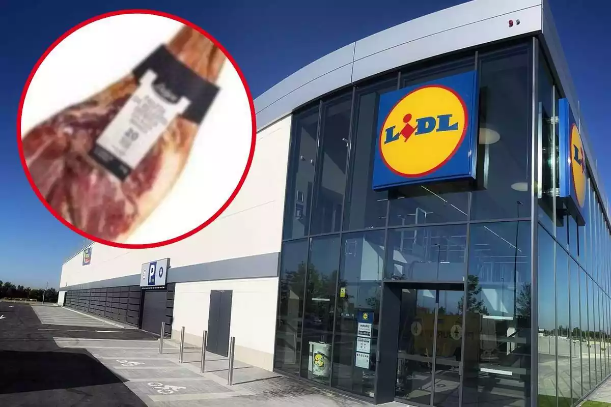 Fotomuntatge amb una imatge de fons de l'exterior d'un supermercat Lidl i una rodona vermella al capdavant amb la paleta de gla ibèrica que ven Lidl