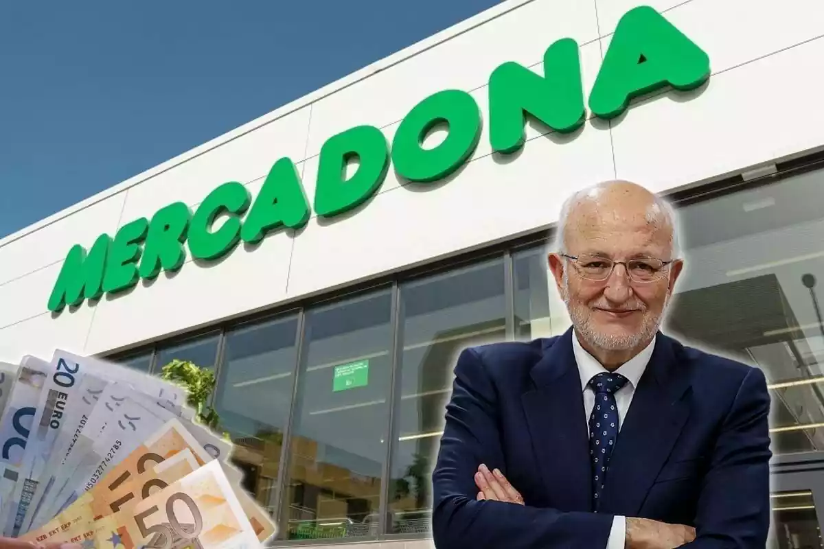 Fotomuntatge amb una imatge de fons de l'exterior d'un supermercat Mercadona i al capdavant Juan Roig amb els braços plegats i somrient, i un munt de bitllets de 20 i 50 euros