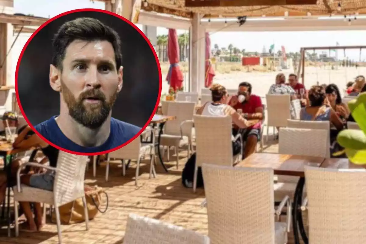 Fotomuntatge amb una imatge de fons de les taules del restaurant Chiringuito Chalito de Castelldefels i al capdavant una rodona vermella amb la cara de Leo Messi