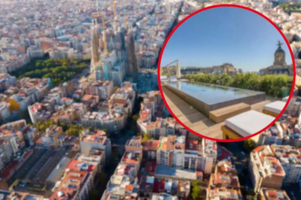 Fotomuntatge amb una imatge de fons des de dalt de l'Eixample de Barcelona i una rodona vermella amb el pis d'Idealista