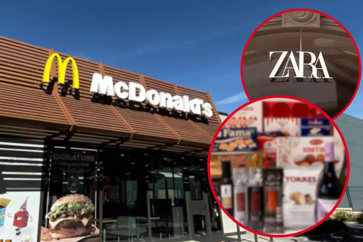 Fotomuntatge amb una imatge de l'exterior d'un restaurant McDonald's de fons i al capdavant dues rodones vermelles amb el logotip d'una botiga Zara i la cistella de Nadal de la Fundació Ronald McDonald de València del 2021