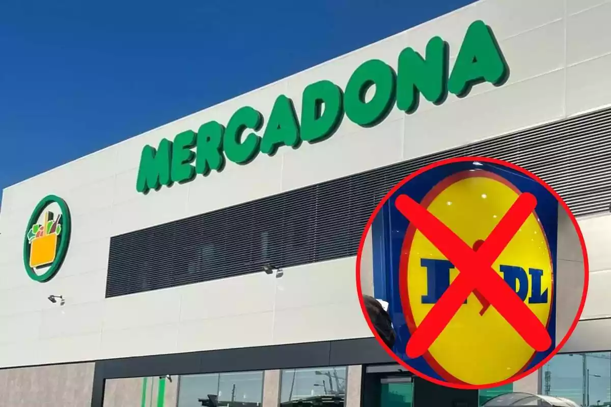 Fotomuntatge amb una foto de fons de l'exterior d'un supermercat Mercadona i al capdavant una rodona vermella amb el logotip de Lidl ratllat