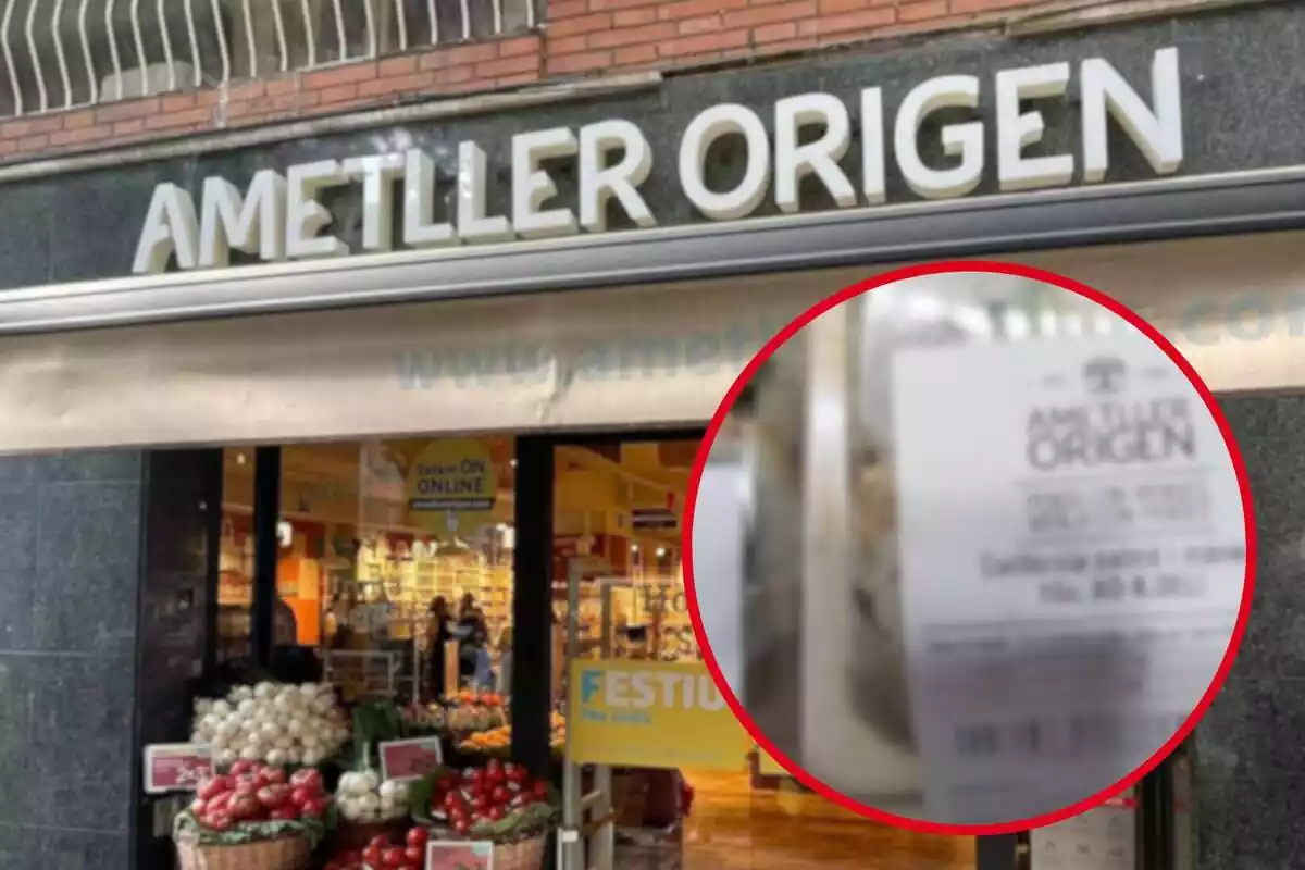 Fotomuntatge amb una imatge de l'exterior d'una botiga Ametller Origen de fons i una rodona vermella amb l'etiqueta del sushi del supermercat difuminat