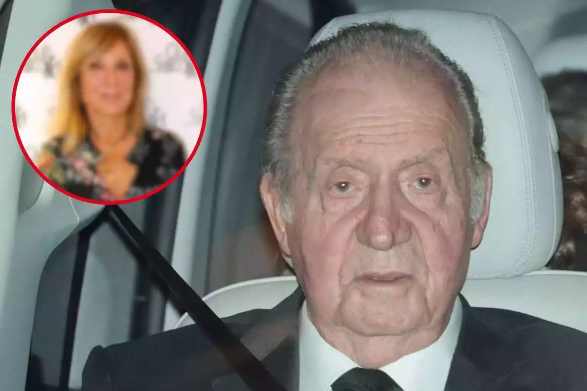 Fotomuntatge amb una foto del rei emèrit Joan Carles a l'interior d'un cotxe i una rodona vermella amb la imatge difuminada de Pilar Eyre