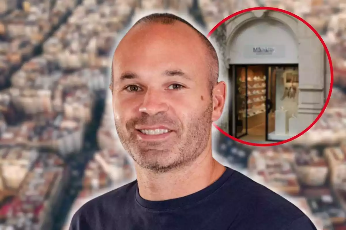 Fotomuntatge d'una imatge difuminada de fons de la ciutat de Barcelona des de l'aire i davant Andrés Iniesta i una rodona vermella amb el local de Mikakus Barcelona