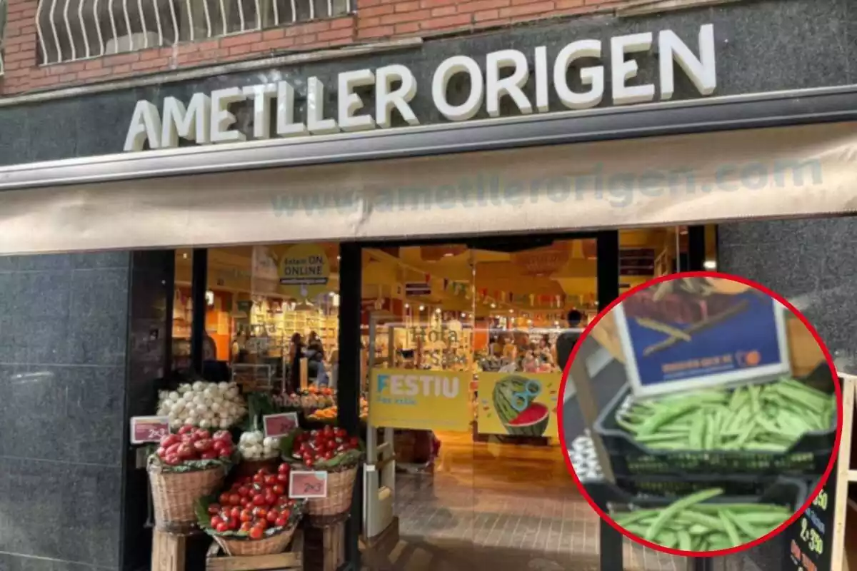 Fotomuntatge amb una imatge de fons de l'exterior d'una botiga d'Ametller Origen i al capdavant una rodona vermella amb el prestatge de les mongetes