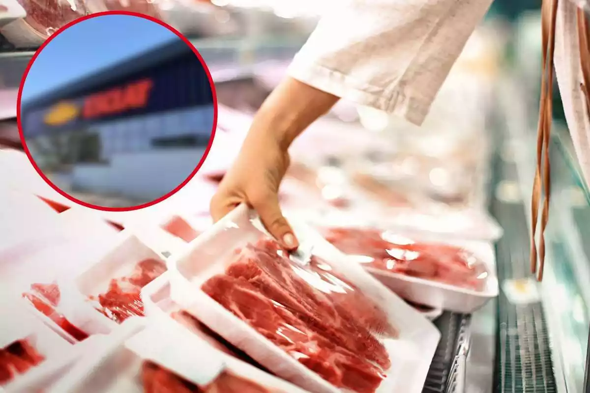 Fotomuntatge amb una imatge de fons d'una persona escollint una carn al supermercat i al capdavant una rodona vermella amb la imatge difuminada d'Esclat