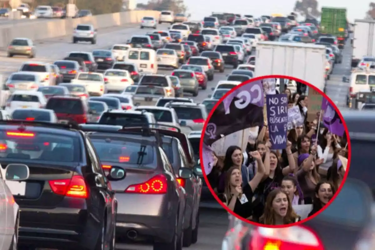 Fotomuntatge amb una foto de trànsit i una foto emmarcada per una manifestació de dones