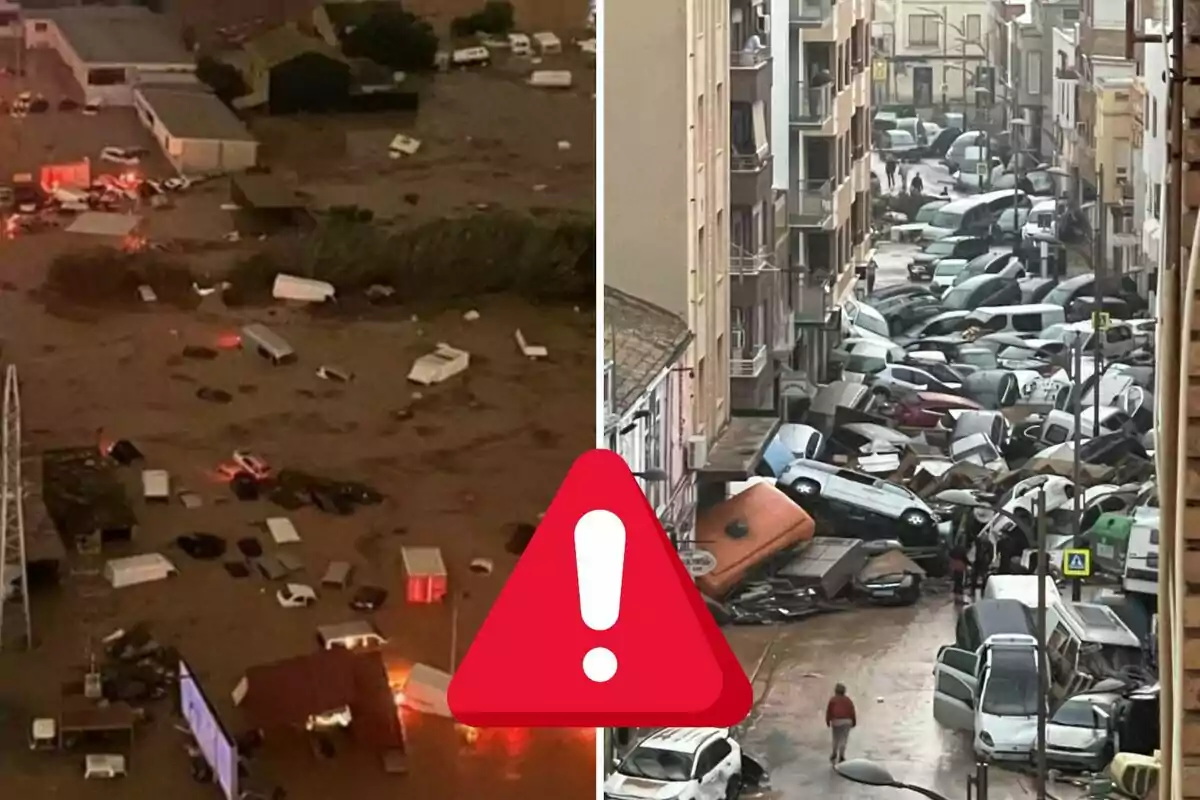 Imatge dividida en dues parts que mostra una inundació amb vehicles flotant i un carrer ple de cotxes apilats després d'una tempesta, amb una icona d'advertència al centre.