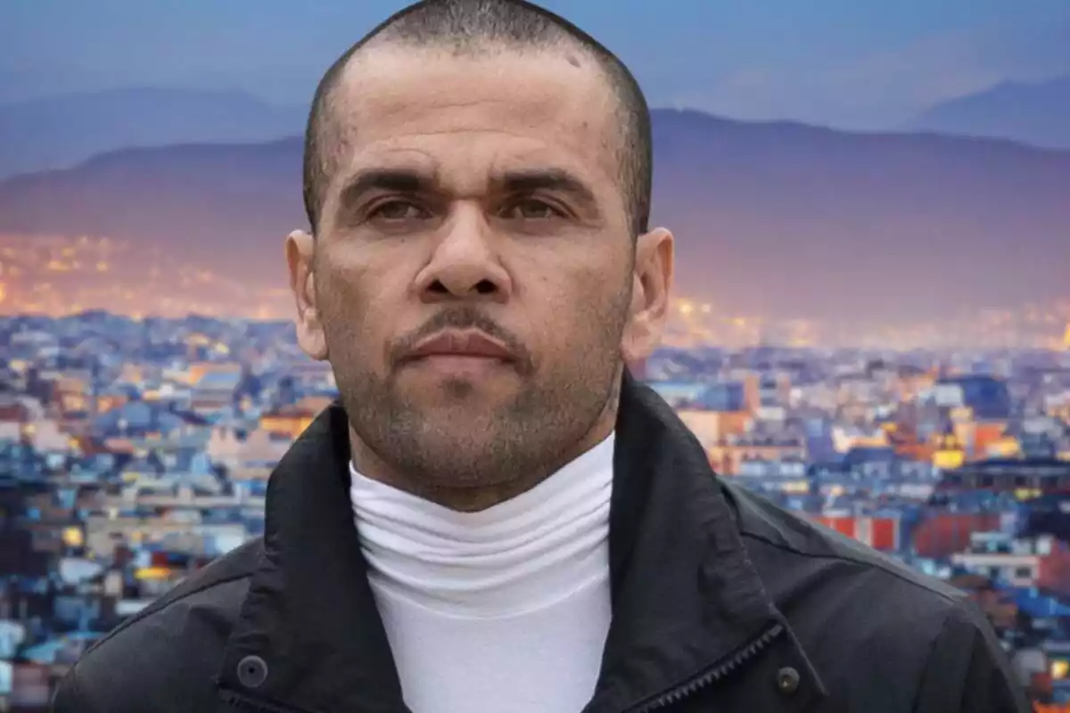 Fotomuntatge de Dani Alves amb una imatge de Barcelona de fons