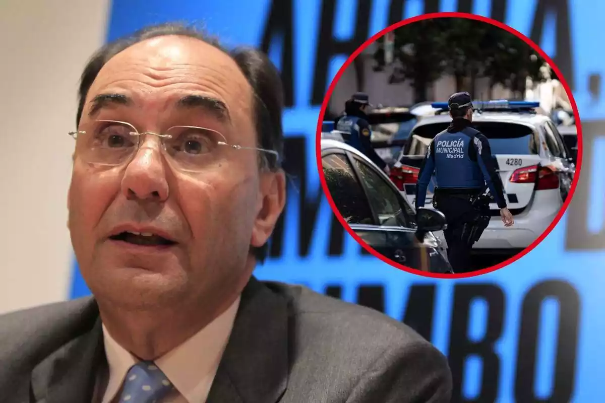 Fotomuntatge d'Alejo Vidal-Quadras al capdavant i una rodona amb dos agents de la Policia Municipal de Madrid després del seu intent d'assassinat