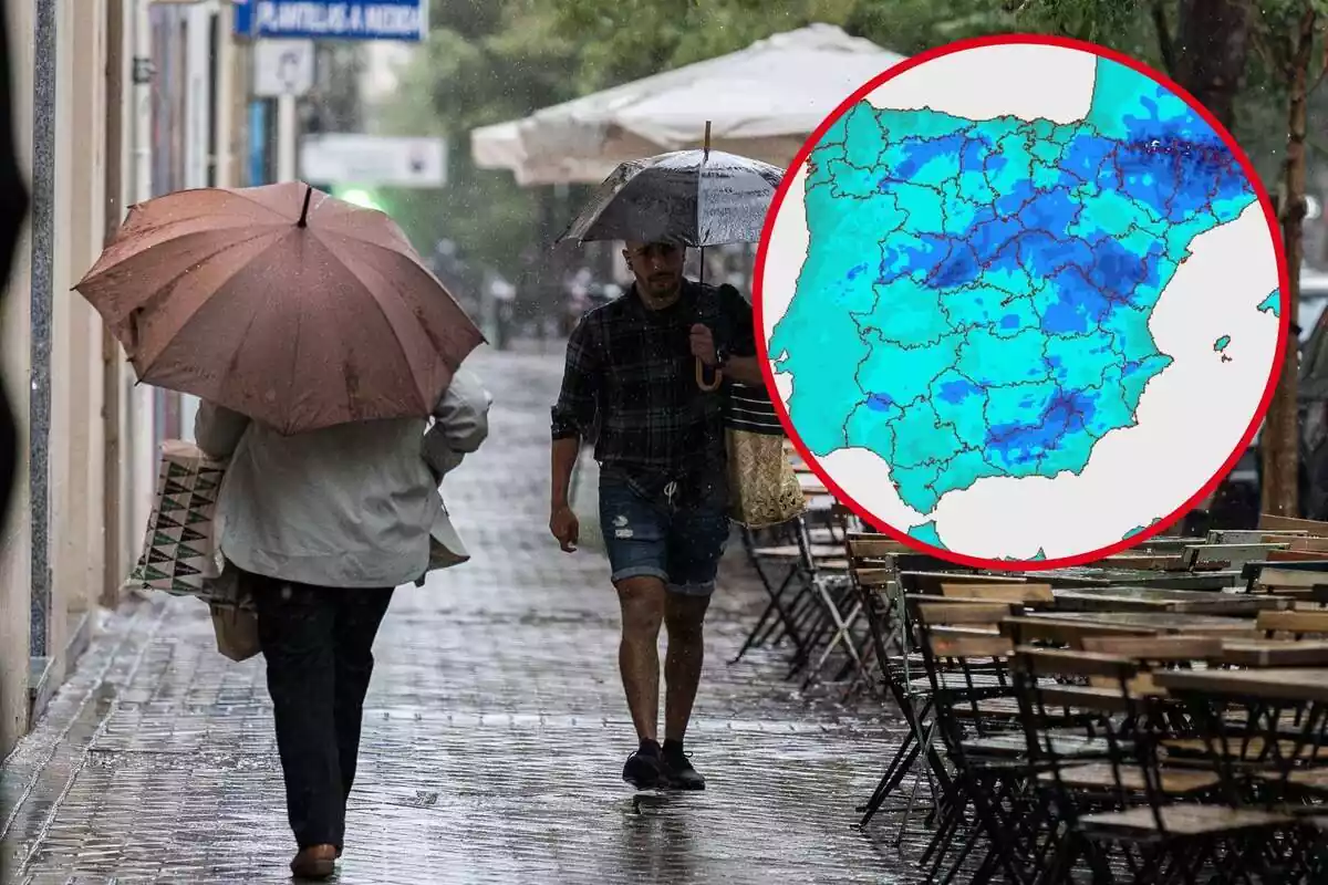 Fotomuntatge de dues persones amb paraigües sota la pluja i un mapa de les temperatures mínimes de l'AEMET