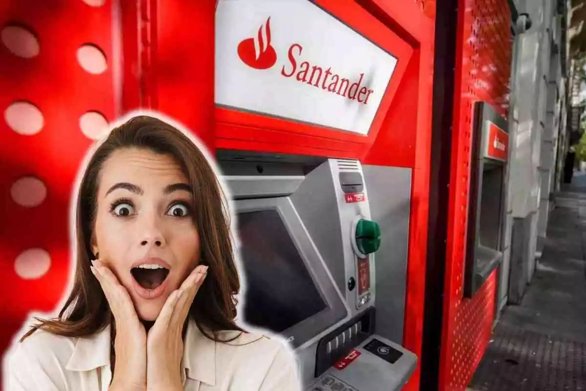 Fotomuntatge de fons del Banco Santander i al capdavant una dona emocionada