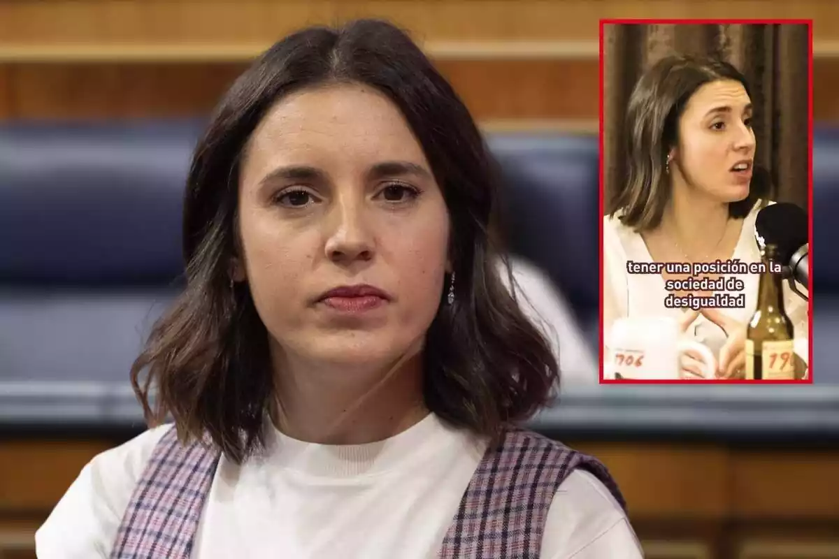 Fotomuntatge d'Irene Montero amb el rostre seriós i un fragment de la seva entrevista al podcast 'El sentido de la birra'