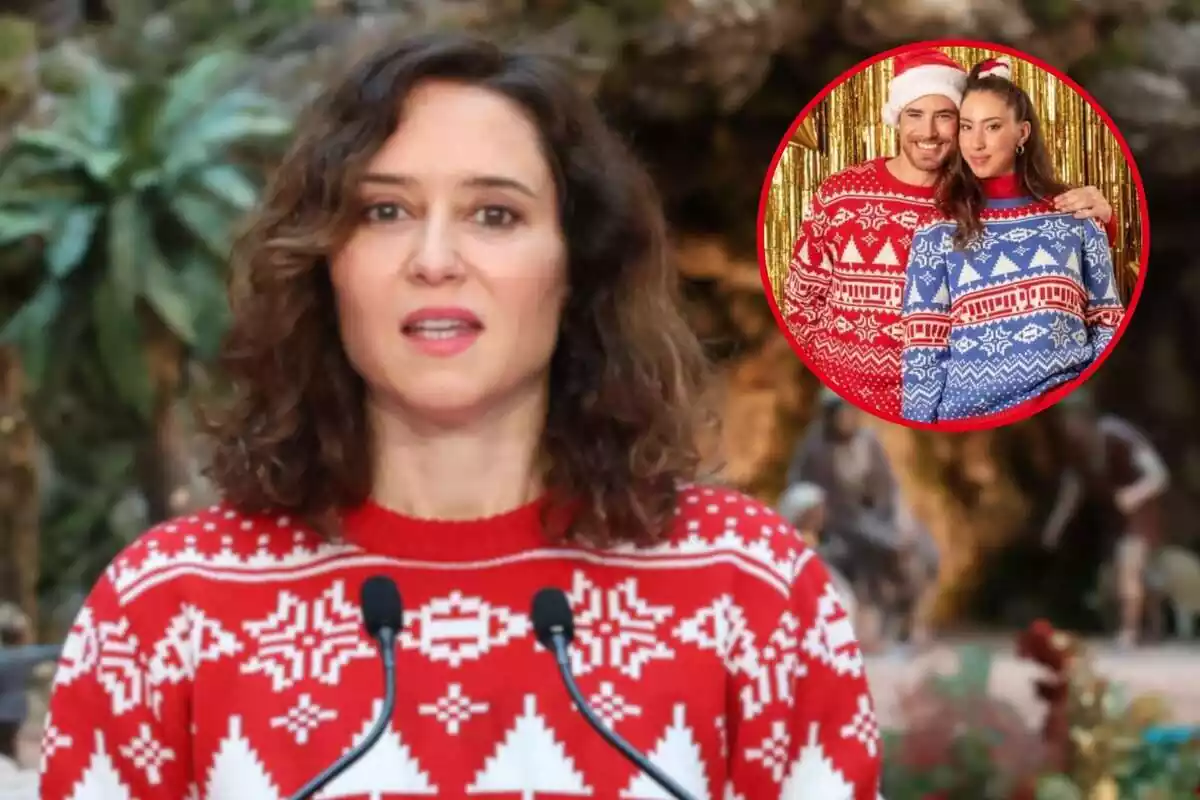 Fotomuntatge d'Isabel Díaz Ayuso portant un jersei de Nadal de la Botiga del Metro de Madrid de fons i dos models en una rodona vermella portant les dues versions del jersei nadalenc al capdavant