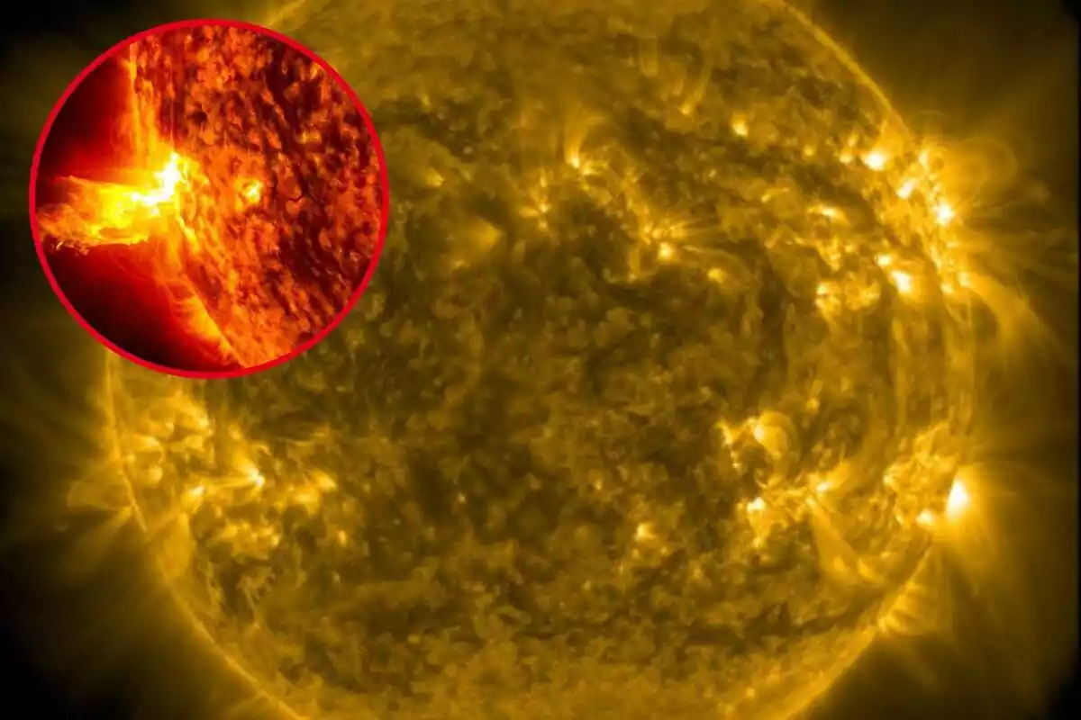 Fotomuntatge d´una captura de la NASA del sol d´aquest divendres, 1 de desembre de fons, i al capdavant una rodona vermella amb una explosió solar
