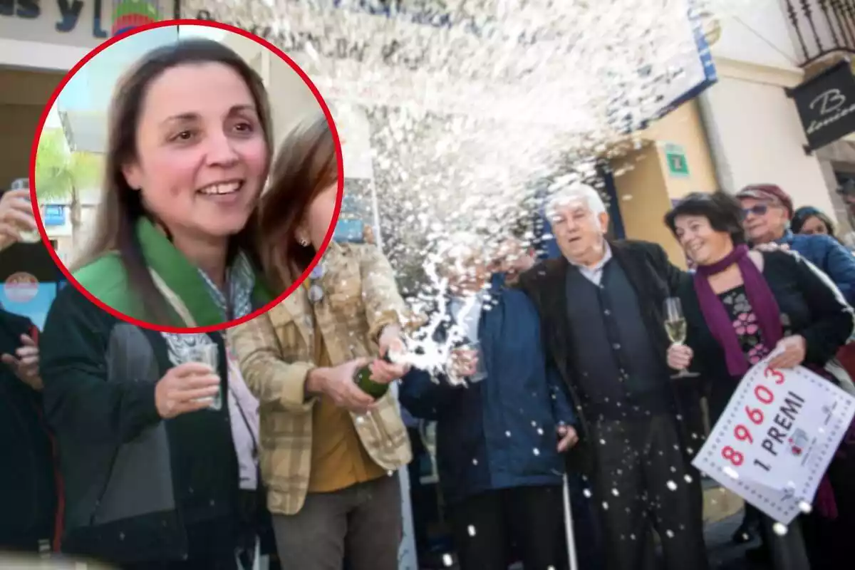 Fotomuntatge amb una imatge de fons de la celebració de la Grossa de la Loteria de Nadal del 22 de desembre de 2023 i una rodona vermella amb el rostre de Luján, treballadora del Mercadona