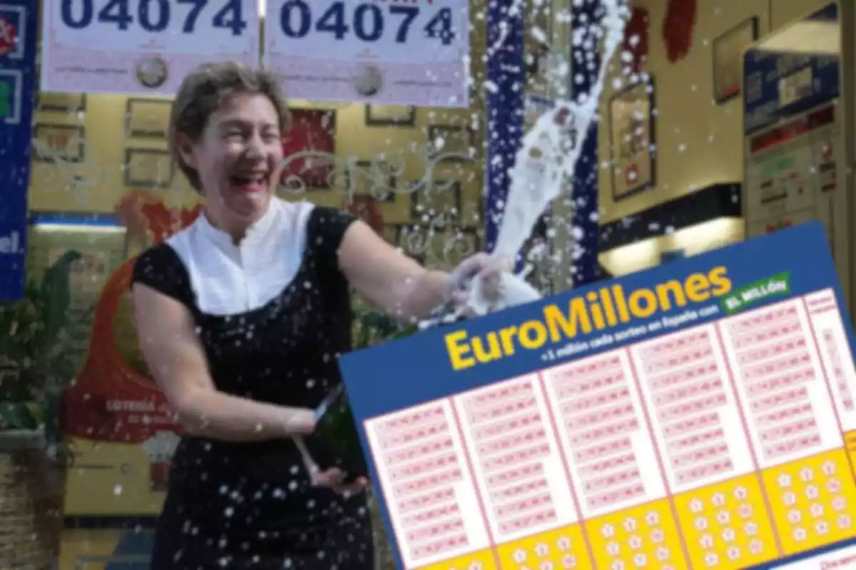 Fotomuntatge d´una imatge d´una dona celebrant un premi de la loteria i una butlleta de l´Euromilions
