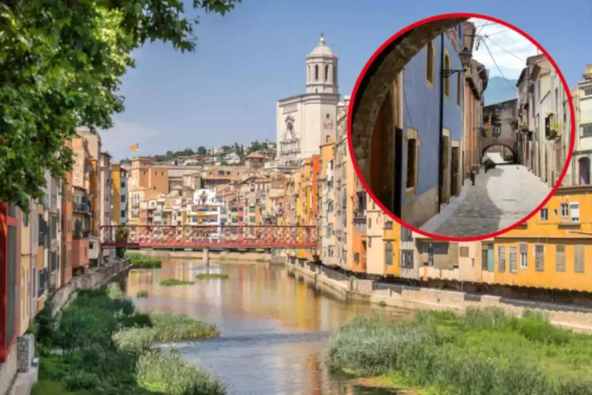 Fotomuntatge amb una imatge de fons de la ciutat de Girona i al capdavant una rodona vermella amb el poble d'Anglès