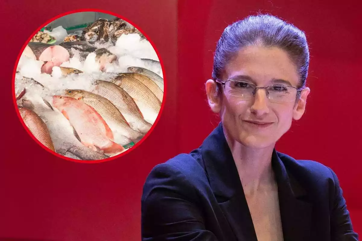 Fotomuntatge amb una imatge de fons de la cuinera Maria Nicolau i una rodona vermella amb diferents tipus de peix a la peixateria