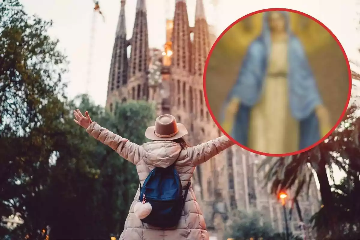 Fotomuntatge d'una persona admirant la Sagrada Família a Barcelona i una rodona vermella amb un mosaic de la Verge