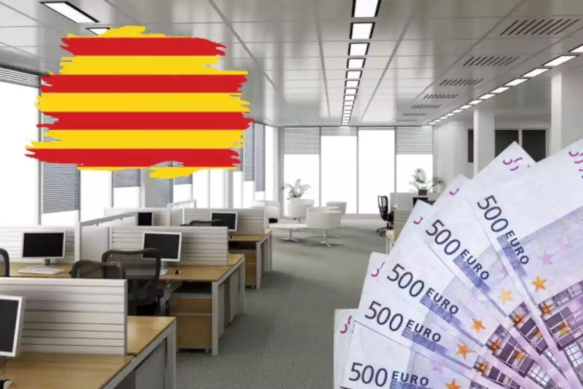 Fotomuntatge amb una imatge de fons d'una empresa i al capdavant una bandera catalana i un ventall de bitllets de 500 euros