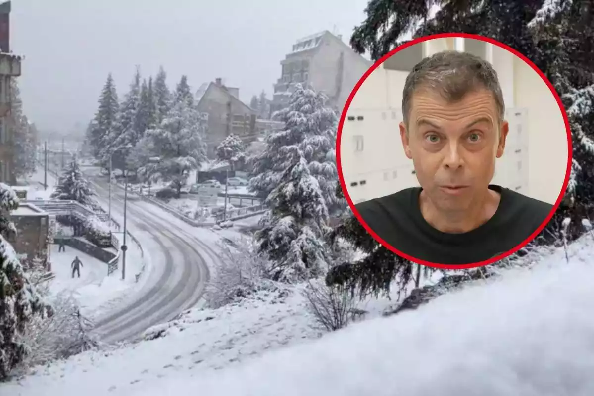 Fotomuntatge amb un fons de les primeres nevades al Prineu català i una rodona amb la cara de Francesc Mauri sorprès