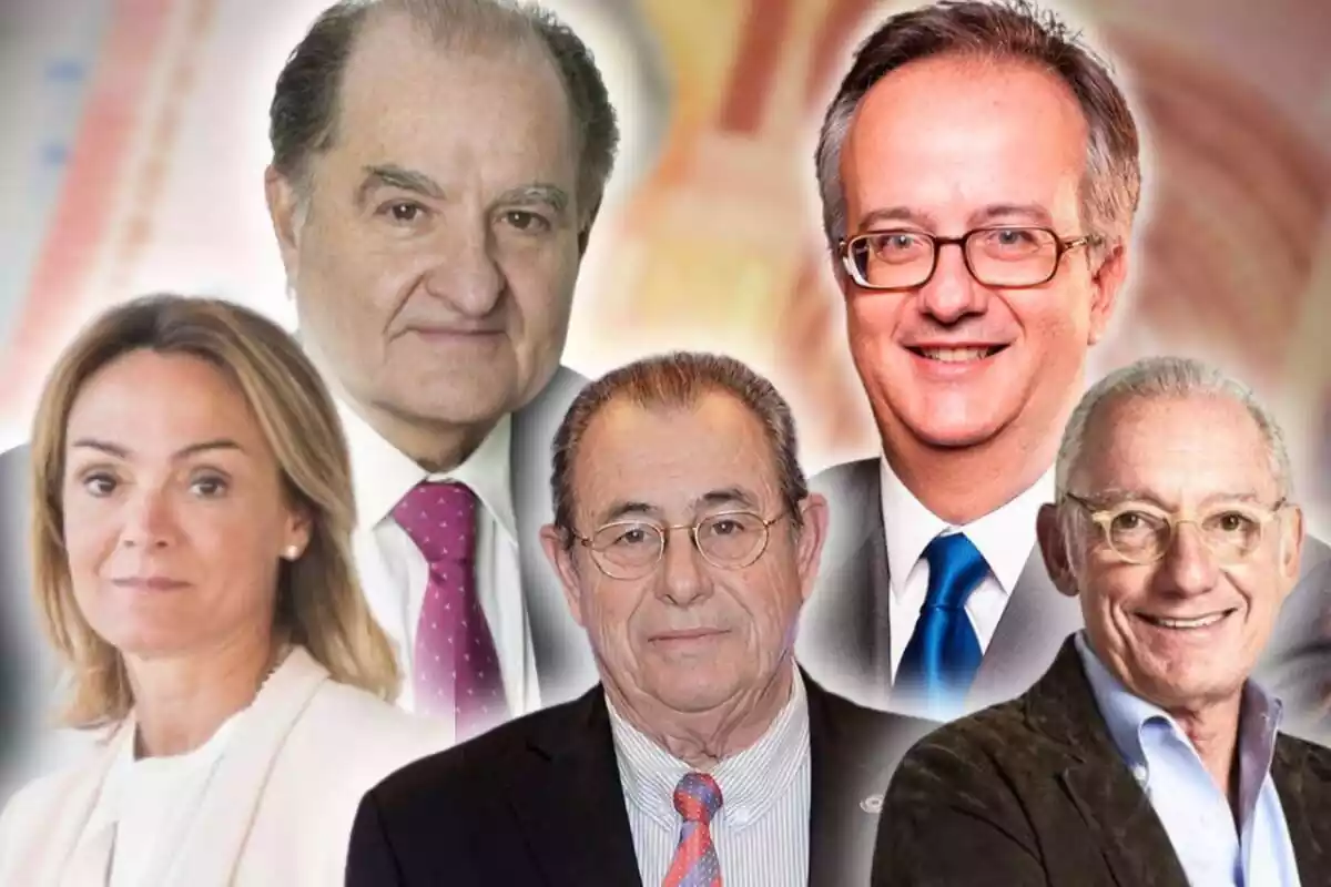 Fotomuntatge dels cinc catalans més rics segons Forbes, Sol Daurella, Víctor Grifols, Isak Andic, Josep Maria Serra i Simón Pedro Barceló, amb fons de bitllets i monedes d'euro al fons