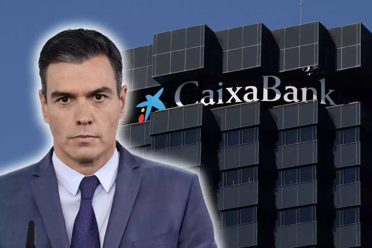 Fotomuntatge de Pedro Sánchez seriós amb un fons de Caixabank