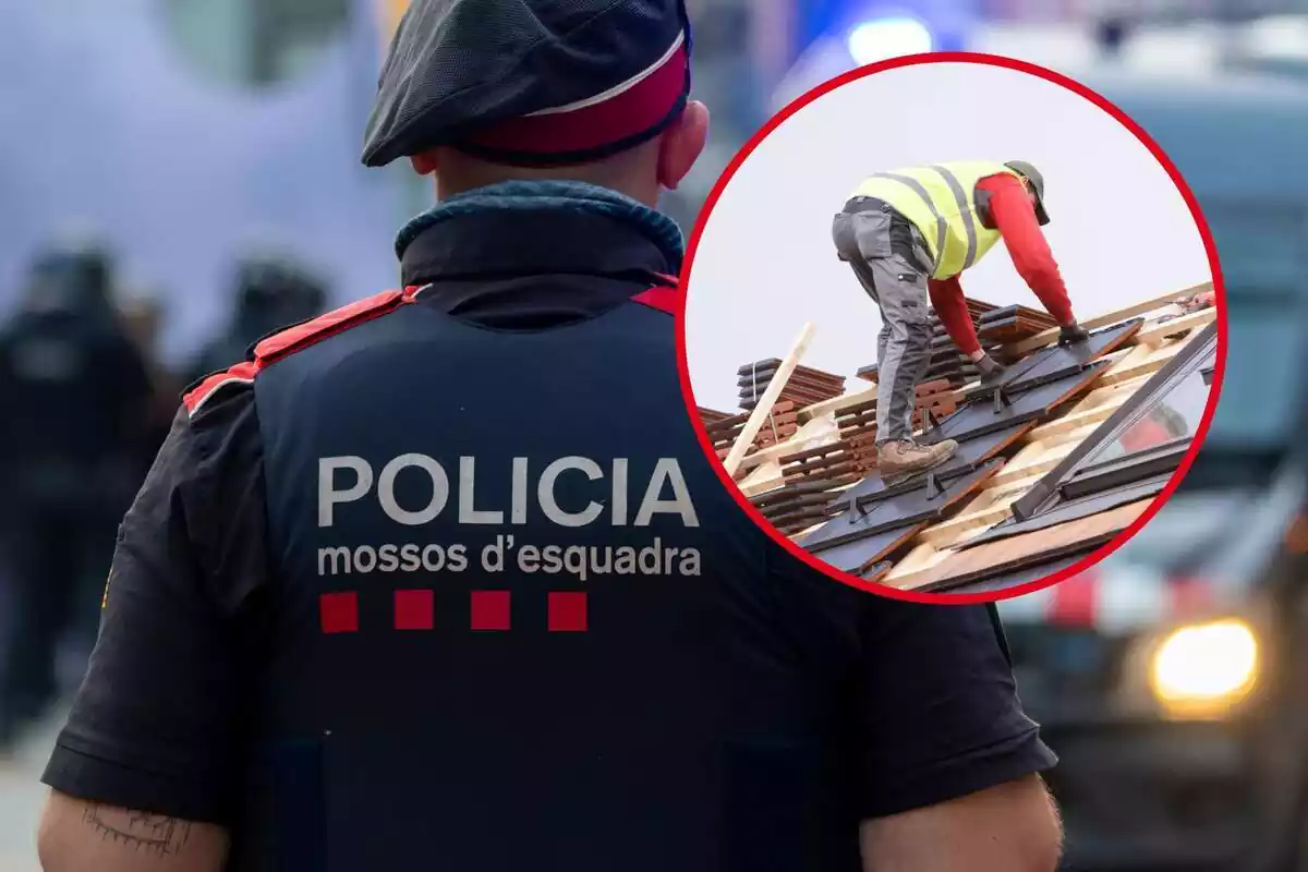 Fotomuntatge amb un agent dels Mossos d'Esquadra d'esquena de fons i al capdavant una rodona vermella amb una persona reparant una teulada