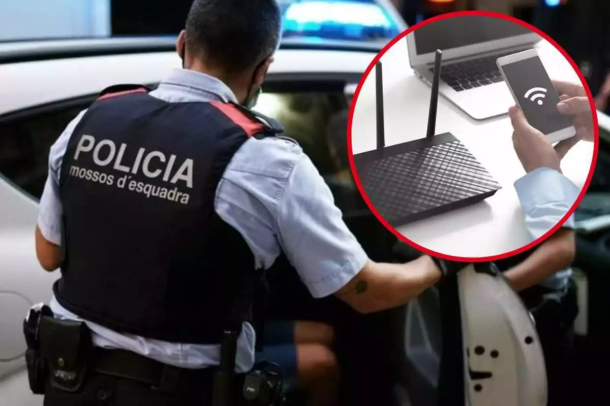 Fotomuntatge d´un agent dels Mossos d´Esquadra entrant en un cotxe i una rodona amb la mà d´una persona usant el mòbil i un router