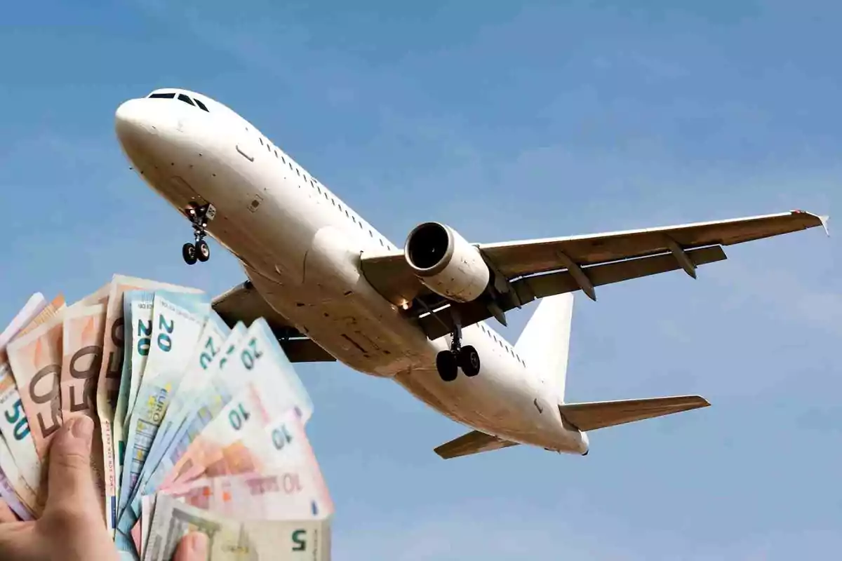 Fotomuntatge d'un avió volant i al capdavant un ventall d'euros