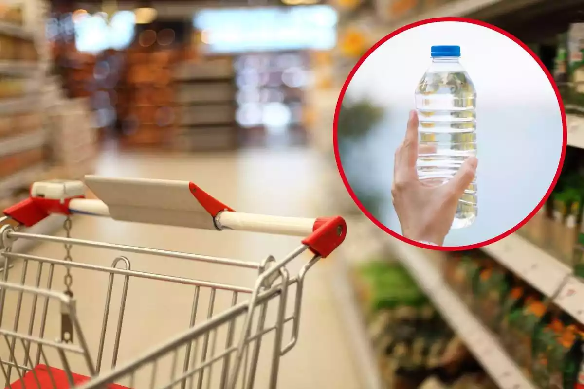 Fotomuntatge amb un carretó de supermercat i una rodona amb una mà aguantant una ampolla d'aigua