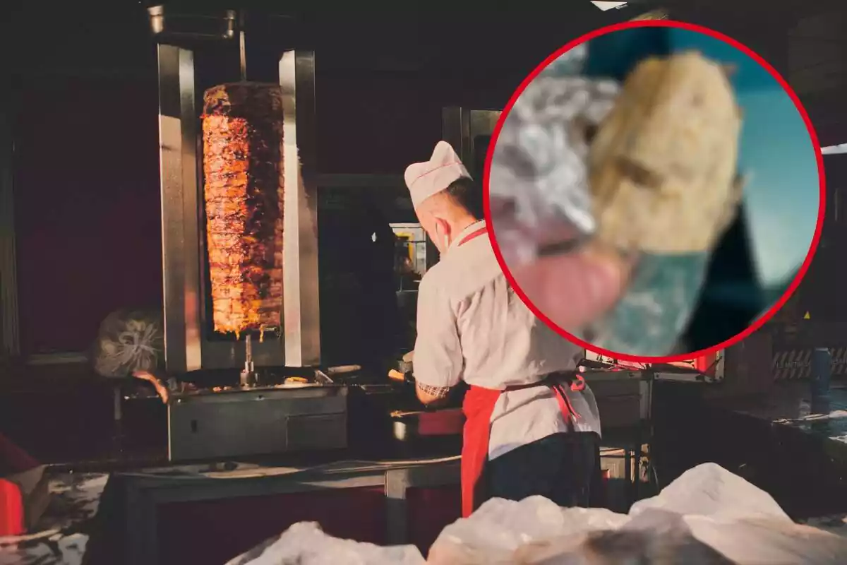 Fotomuntatge d´una imatge d´un cuiner en un local de kebab de fons i al capdavant la foto de l´insecte que s´ha trobat dins d´un kebab