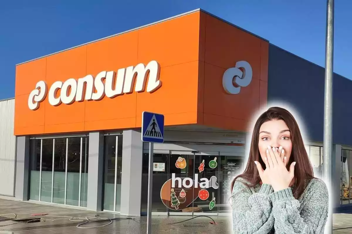 Fotomuntatge d'un supermercat Consum de fons i al capdavant una persona sorpresa