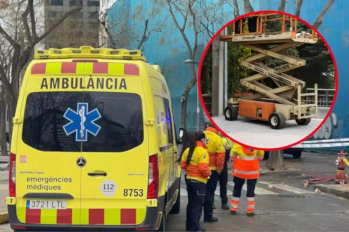 Fotomuntatge amb una imatge de fons d'una ambulància del SEM i una rodona vermella al capdavant amb un vehicle elevador