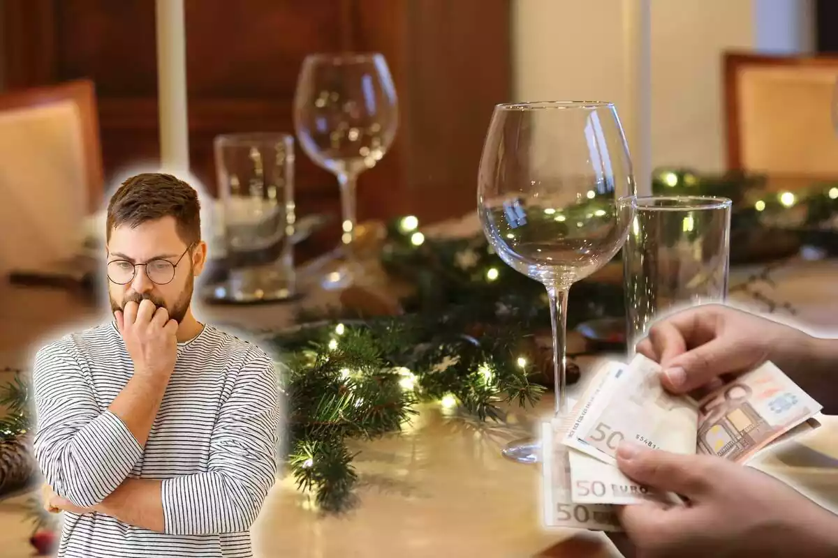 Fotomuntatge d'un sopar de Nadal de fons i al capdavant un home preocupat i una persona subjectant bitllets de 50 euros