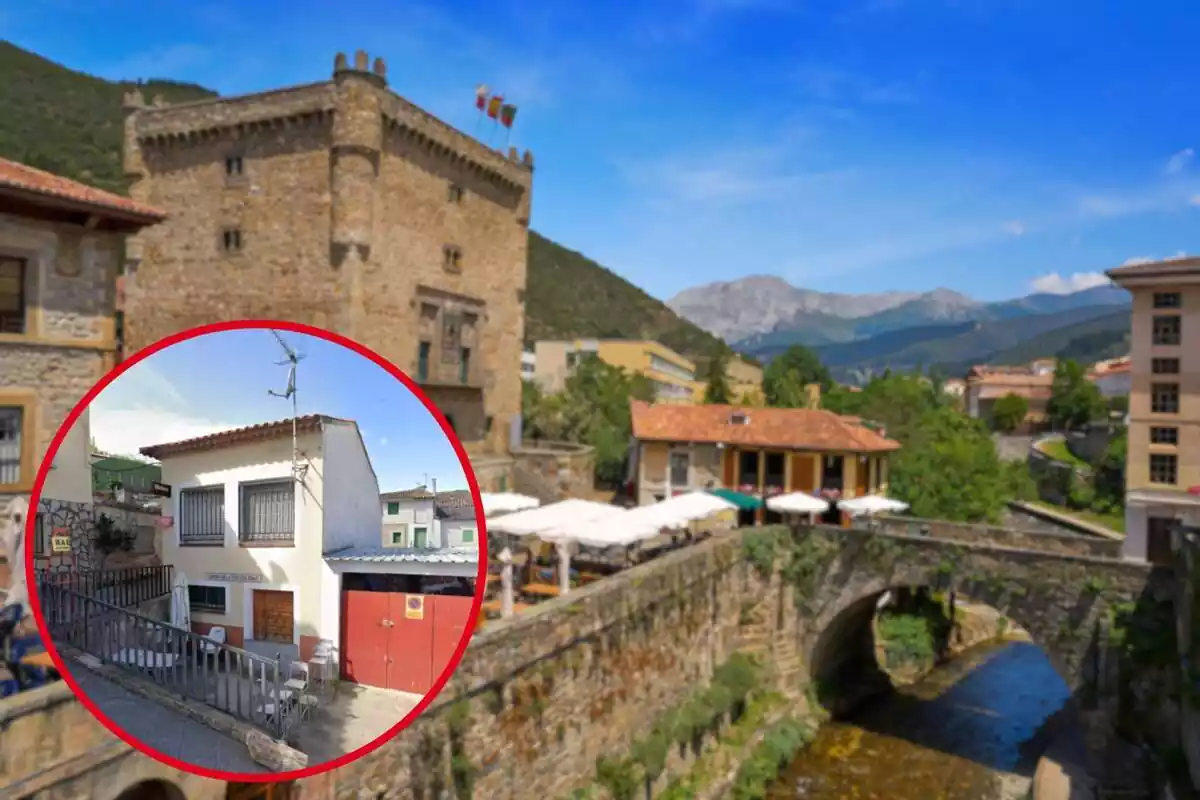 Fotomuntatge amb una imatge de fons d´un poble de Cantàbria i una rodona vermella amb el bar d´Irueste